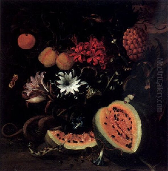 Forest Floor Still Life With An Open Watermelon, Exotic Fruits And Flowers, Butterflies And Snake - view 1