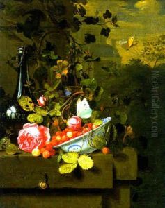 A Bowl Of Strawberries, A Bottle And A Rose On A Ledge, A Country Manor And A Formal Garden Beyond by Jan Mortel