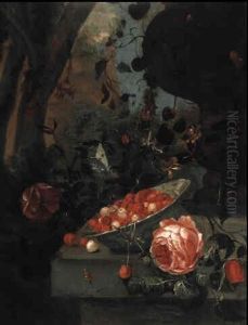 Stilleben Mit Erdbeeren Und Bluten In Einem Schlospark by Jan Mortel