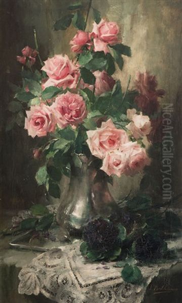 Vase With Red Roses And African Violets - view 1