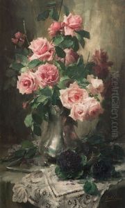 Vase With Red Roses And African Violets by Frans Mortelmans