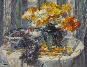 Stillleben Mit Blumenvase Und Weintrauben In Schale Stillleben Mit Blumenvase Und Weintrauben In Schale