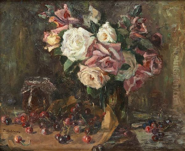 Vase Fleuri De Roses Et Cerises - view 1