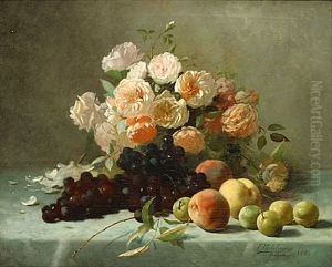 Stilleven Met Rozen En Fruit by Frans Mortelmans