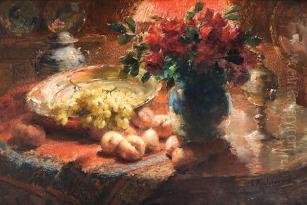 Nature Morte Aux Roses, Peches Et Raisins Sur La Table - view 1