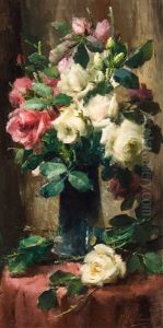 Roses Blanches Et Rouges Dans Un Vase by Frans Mortelmans