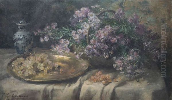 Nature Morte Aux Fleurs, Raisins Et Vase Chinois Sur Entablement - view 1