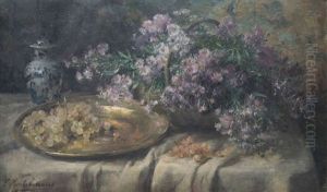 Nature Morte Aux Fleurs, Raisins Et Vase Chinois Sur Entablement