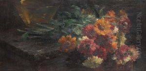 Nature Morte Aux Zinnias Sur Une Commode