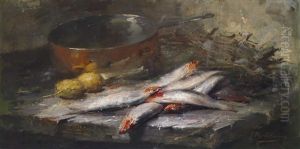 Stillleben Mit Fischen, Zitronen Und Einem Kupferkessel