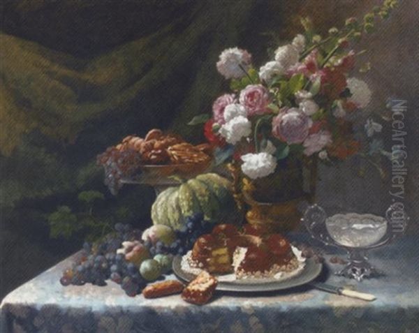Roses And Chrysanthemums In An Urn Alongside Fruit And A Chocolate Cake On A Draped Table - view 1