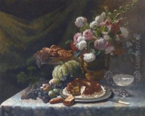 Roses And Chrysanthemums In An Urn Alongside Fruit And A Chocolate Cake On A Draped Table by Frans Mortelmans