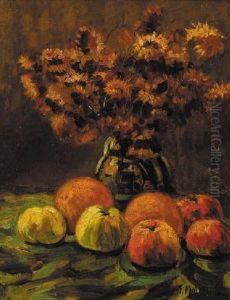 Apples, Oranges And A Vase Of Flowers On A Table by Frans Mortelmans