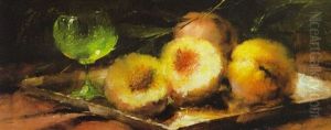 Obststilleben Mit Pfirsichen Und Weinglas by Frans Mortelmans