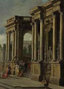 An Architectural Capriccio With Elegant Figures In A Portico