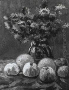Blumenstilleben Mit Astern Und Kleinen Kurbissen Und        Melonen Auf Einer Tischplatte