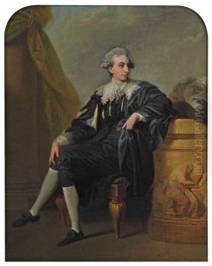 Portrait Of A Gentleman In Van Dyck Costume, Seated With His Left Arm Leaning On A Marble Plinth Carved With A Woman And Child At A Tomb, In A Landscape... by John Hamilton Mortimer