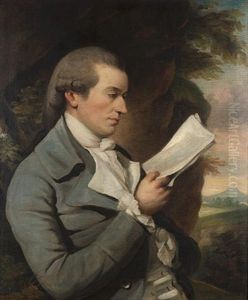 Portrait Of A Gentleman (mr Ashwood Of Lichfield?), Half-length, In A Grey Coat, A White Waistcoat And A Cravat, A View To A Landscape Beyond by John Hamilton Mortimer