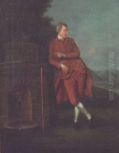 Portrait Of A Gentleman In A Brown Coat And Breeches, By A Tomb With His Staff And Hat On The Tomb, A Landscape Beyond