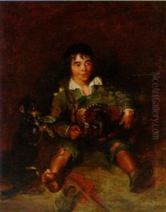 A Young Boy, Holding An Organ Grinder, With His Dog