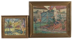 A Figure Tilling The Soil In Summery Landscape; Garden With Gate (2 Works) by Francis Morton-Johnson