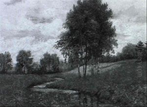 Fruhlingswiese Mit Einem Bachlauf Und Baumen