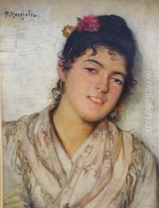 Portrait Of A Spanish Girl, Head And Shoulders, A Rose Decorating Her Hair