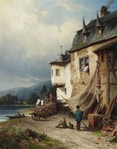Fischer Beim Netzeflicken Vor Seinem Haus Am Ufer by Adolf Mosengel