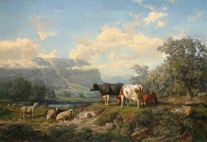 Landschaft Mit Kuhen Und Schafen In Der Nahe Von Genf by Adolf Mosengel