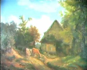 Blick Auf Ein Reetgedecktes Bauernhaus In Baumbestandener Norddeutscher Landschaft by Adolf Mosengel
