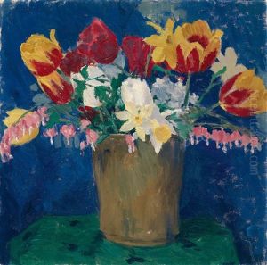 Fruhlingsblumenstraus Mit Tulpen, Narzissen Und Tranenden Herzen by Kolo Moser
