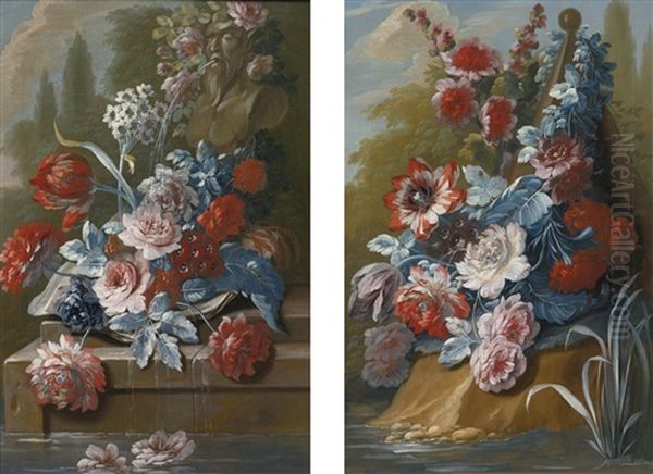 Bouquets Of Flowers On A Ledge Above Water (pair) - view 1