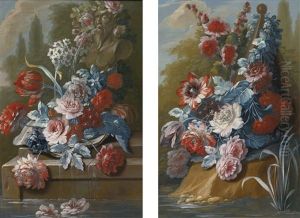Bouquets Of Flowers On A Ledge Above Water (pair) by Mary Moser