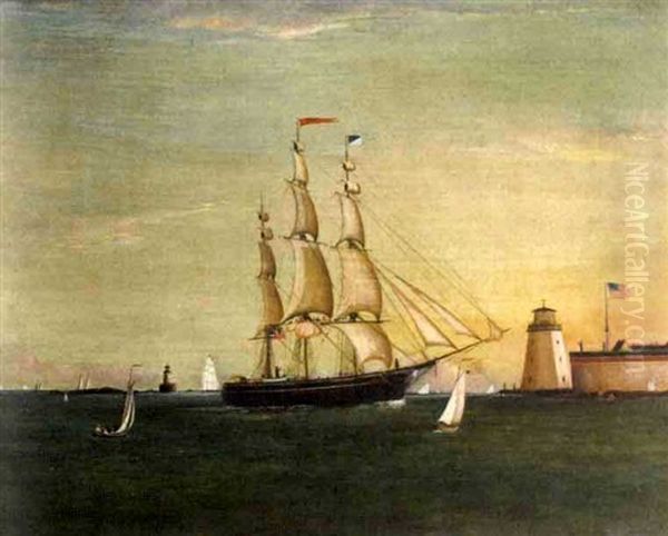 American Ship Entering Portsmouth Harbor, Fort Point With Portsmouth Harbor Light And Whaleback Light - view 1