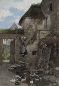 A Peasant Girl With Ducks In A Farmyard by Gustave Henry Mosler