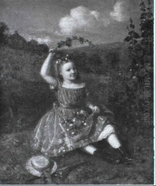 Young Girl Picking Hollyhocks - view 1
