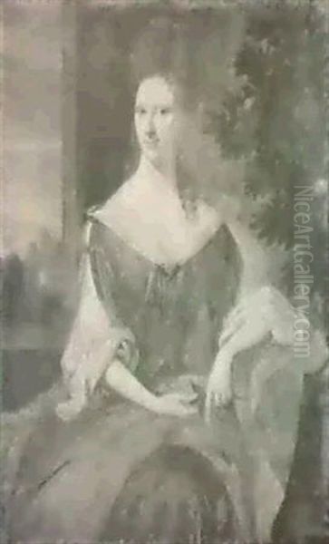 Portrait Of A Woman, Seated Three-quarter Length By A Window, In A Green Satin Dressand Pink Wrap - view 1