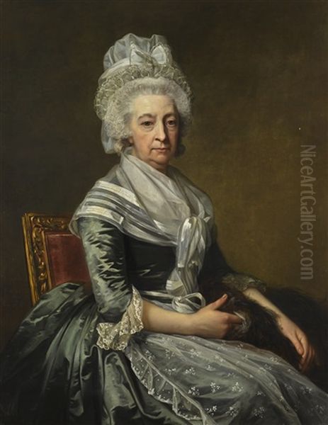 Portrait Of Mrs John Drummond, Seated Three-quarter Length, Wearing A Blue Dress, White Lace Apron And Cap - view 1