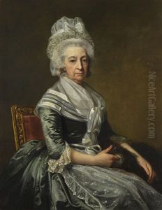 Portrait Of Mrs John Drummond, Seated Three-quarter Length, Wearing A Blue Dress, White Lace Apron And Cap