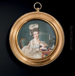 Portrait De Femme Ecrivant Tenant Une Plume Et Assise A Sa Table Dans Un Interieur. by Jean Laurent Mosnier