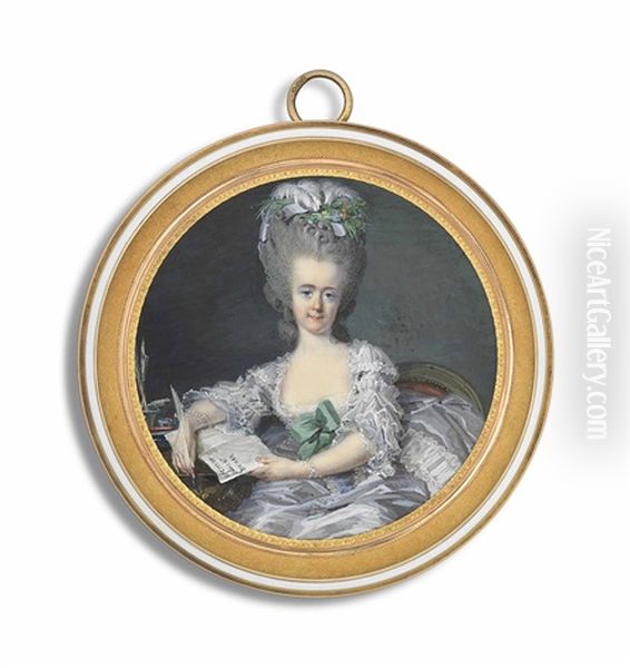 A Young Lady, Seated On A Red Upholstered Chair Writing A Letter, In Pale Lilac Dress With Frilled Sleeves, Peppermint Green Bow At Corsage, Ostrich Plumes And Foliage In Her Powdered Upswept Hair - view 1