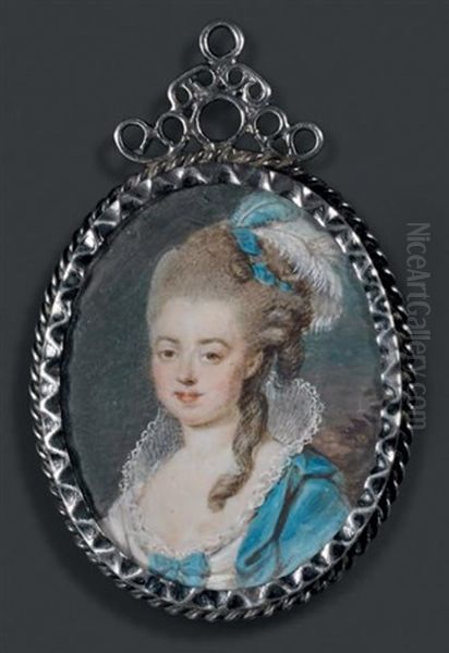 Portrait De La Comtesse De Provence En Robe De Cour Bleue A Grand Col De Dentelle, Haute Coiffure A Plumes D'autruche Et Rubans Bleus - view 1