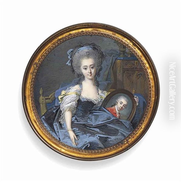A Young Lady, Seated And Holding An Oval Portrait Of A Gentleman In Red Coat, Wearing A Blue Dress And A Lace-trimmed Chemise, With Piled And... - view 1