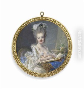 A Young Lady, In Lace-trimmed White Satin Robe A La Polonaise Adorned With Blue Silk Bows, White Ostrich Feathers, Black Aigrette, Pink Roses... A Young Lady, In Lace-trimmed White Satin Robe A La Polonaise Adorned With Blue Silk Bows, White Ostrich Feathers, Black Aigrette, Pink Roses...