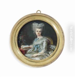 Duchesse De Chatillon, Seated On A Red Upholstered Chair, In Silk White Dress With Blue Sash And Ribbons, Gauze Cap Over Her Partly Upswept Powdered Hair Dressed In Rolls