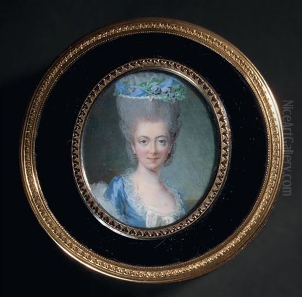 Portrait De Dame De Qualite En Robe De Soie Bleue Ornee De Rubans Blancs Et Dentelles, Son Importante Coiffure Relevee, Ornee De Fleurs Et Rubans Bleus - view 1