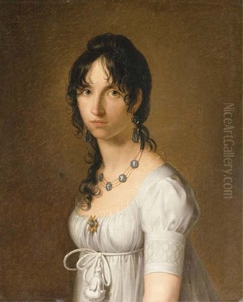 Portrait Of The Honorable Mrs. Pelham In A White Dress And Wearing Cameo Earings, A Necklace And Brooch - view 1