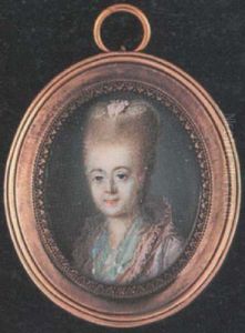 A Lady Wearing White Dress With Upstanding Frilled Pink Gauze Collar And Pale Blue And White Scarf, A Pink And White Lace Cap In Her Upswept Powdered Hair