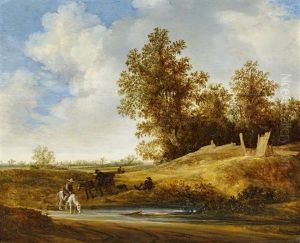 Flusslandschaft Mit Reiter Am Fuse Eines Waldstuckes by Jacob van Mosscher
