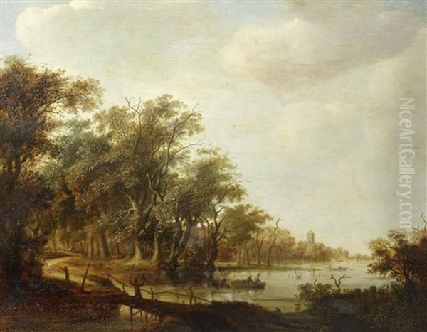 A River Landscape With Figures Crossing A Bridge In The Foreground - view 1
